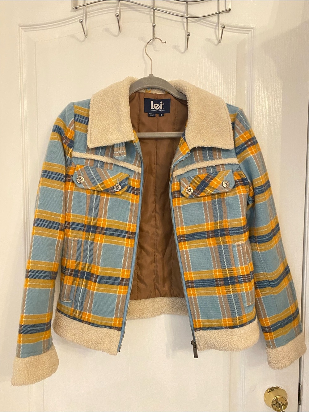 lei Plaid Sherpa-Trim Jacket in Blue, Mustard & Brown